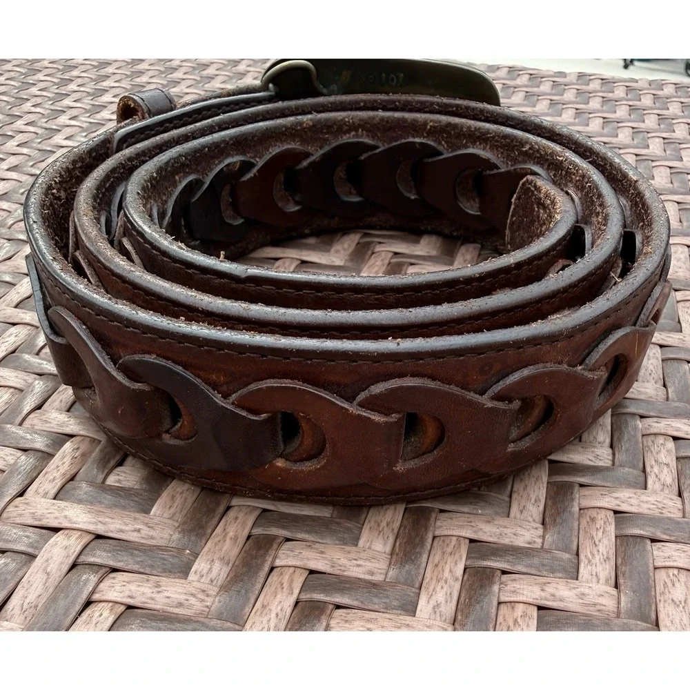 Leather Hand Tooled Woven Brown Belt Carpenter Buckle Hammer Saw Mexico Size 40